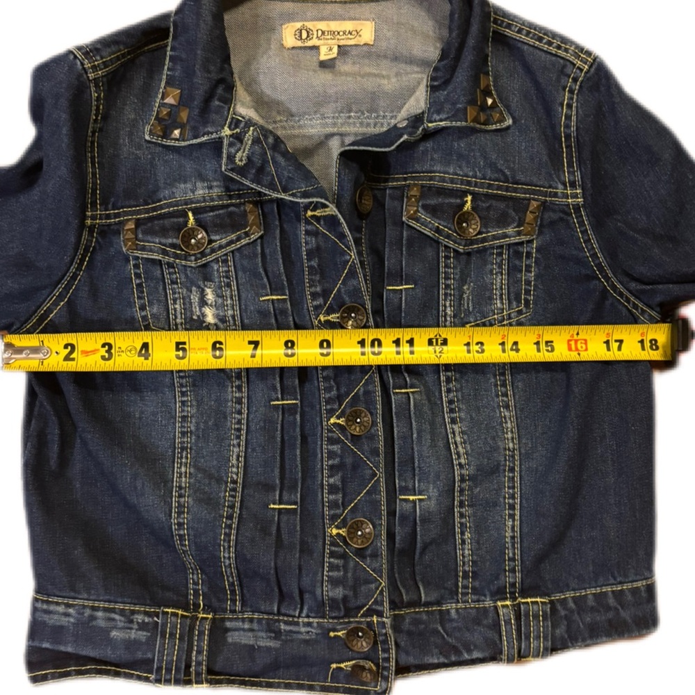 Democracy Distressed Denim Jacket with Yellow Stitching and Bronze hardware EUC - Picture 10 of 11